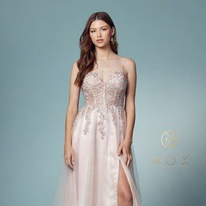 NEW LONG OFF SHOULDER SLEEVELESS A-LINE DRESS WITH LEG SLIT ZIPPER BACK NX S1015